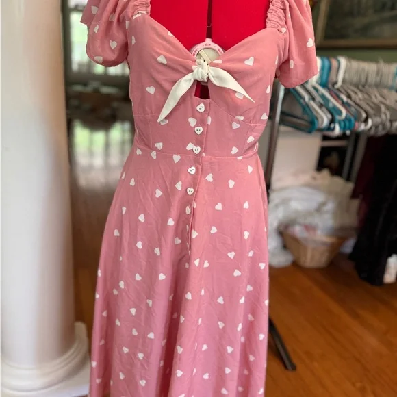 💕Unique vintage Pink Heart Print summer swing Dress m - Picture 2 of 9